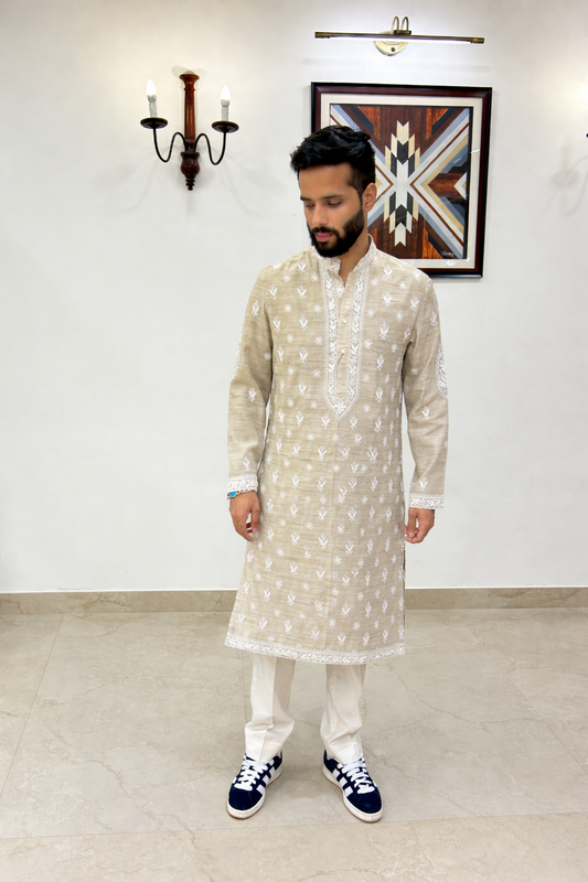 Firgun Hand Embroidered Cotton Lucknowi Chikankari Unstitched Men's Kurta Fabric