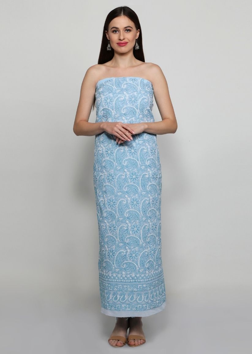 Firgun Blue Lucknowi Chikankari Cotton Unstitched Suit Set