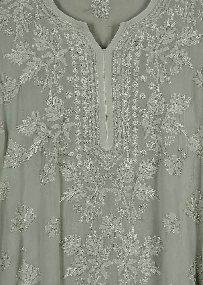 Firgun Mehendi Green Lucknowi Chikankari Viscose Georgette Kurta