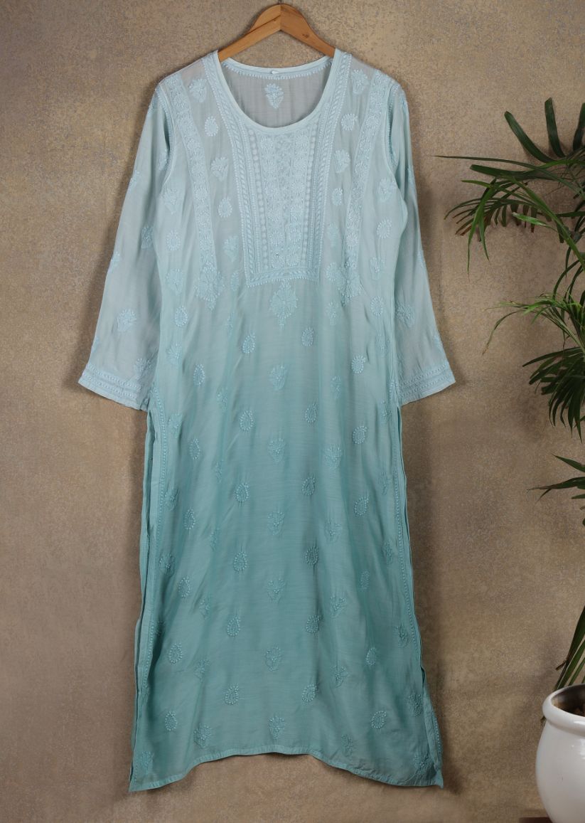 Firgun Mint Green dual shade Lucknowi Chikankari Muslin Kurta