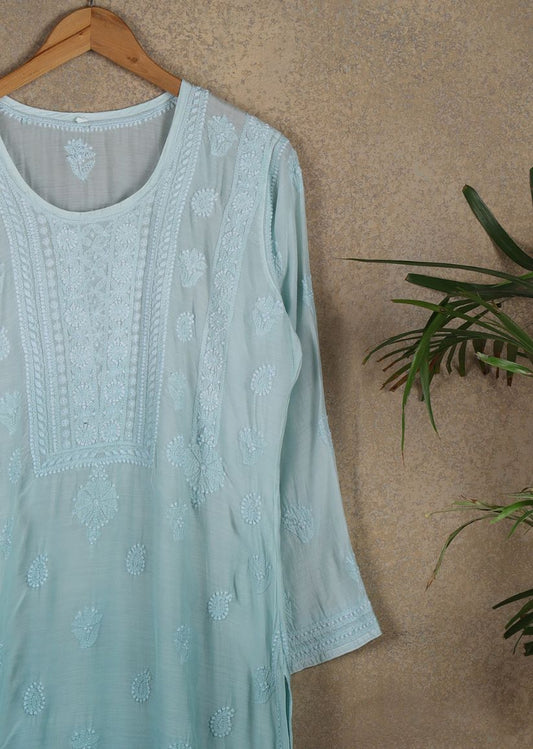 Firgun Mint Green dual shade Lucknowi Chikankari Muslin Kurta