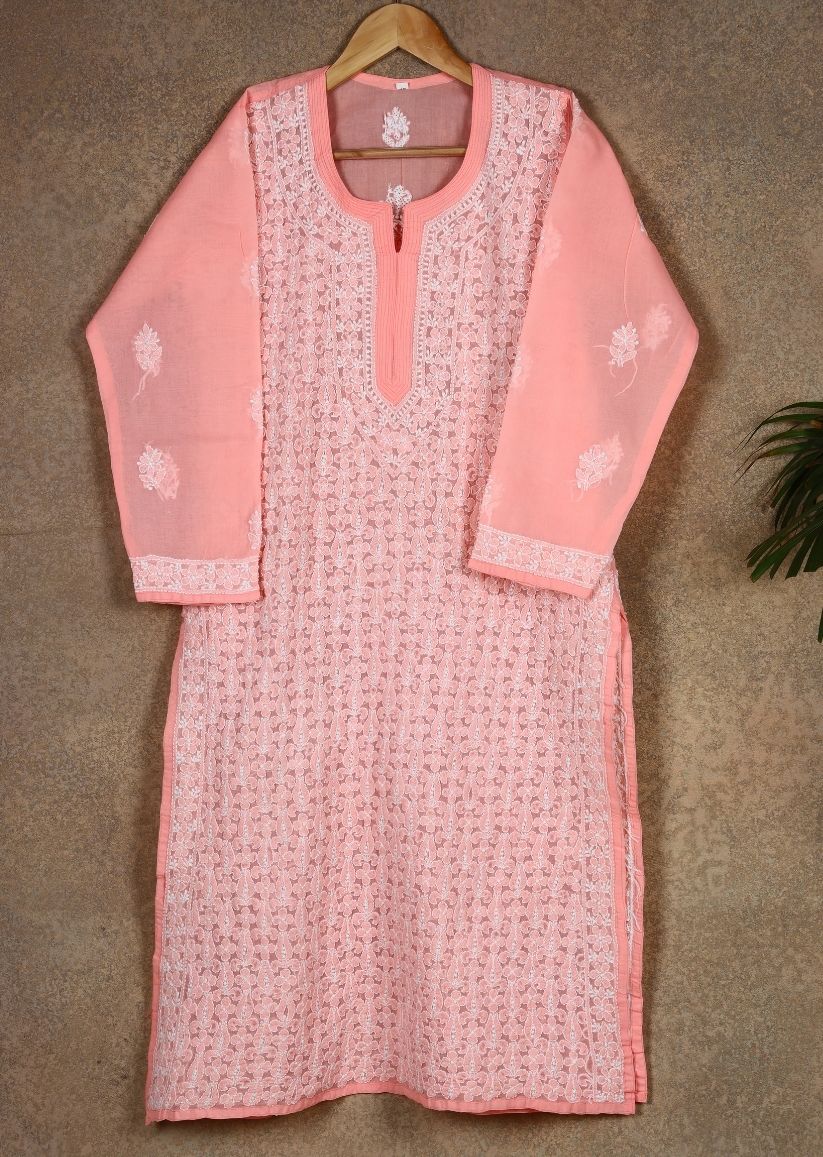 Firgun Peach Lucknowi Chikankari Cotton Kurta with Front Jaal