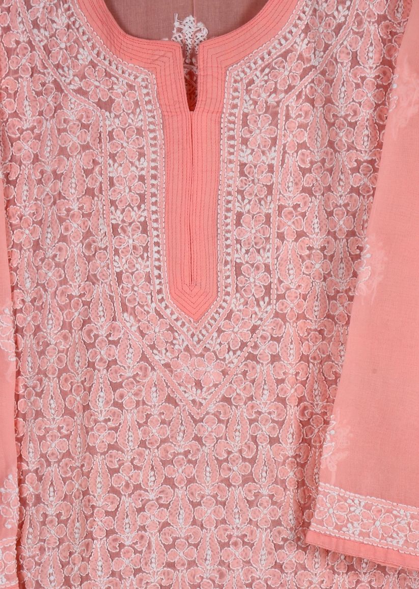 Firgun Peach Lucknowi Chikankari Cotton Kurta with Front Jaal