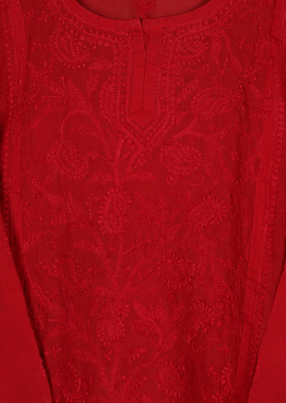 Firgun Red Lucknowi Chikankari Cotton Top