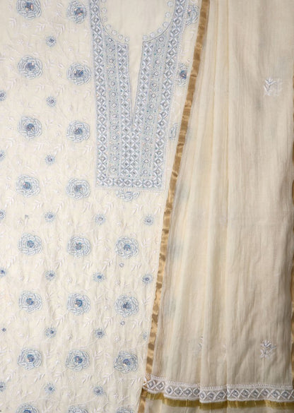 Firgun White & Blue Lucknowi Chikankari Mul Chanderi Unstitched Kurta & Dupatta Set