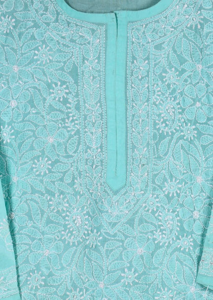 Firgun Beige Lucknowi Chikankari Cotton Kurta with Front Jaal