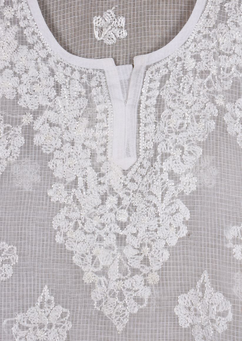 Firgun White Lucknowi Chikankari Kota Cotton Top