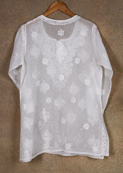 Firgun White Lucknowi Chikankari Kota Cotton Top