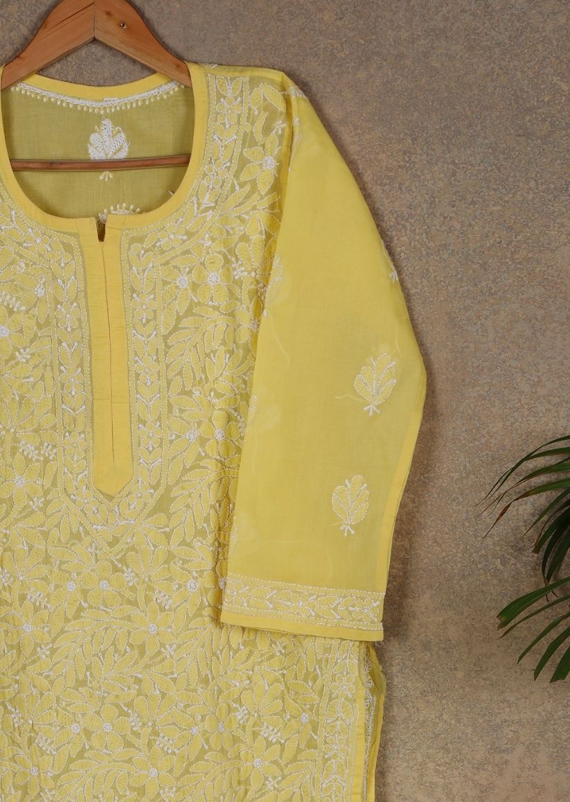 Firgun Beige Lucknowi Chikankari Cotton Kurta with Front Jaal