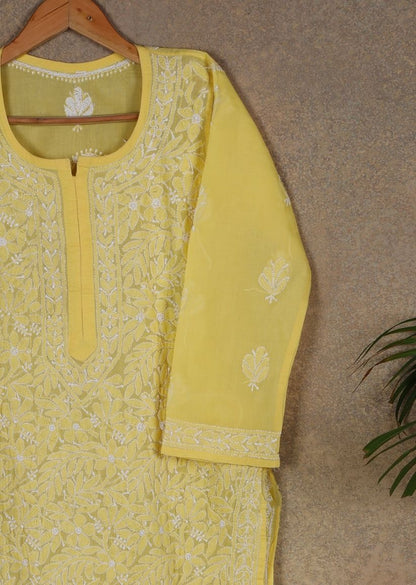 Firgun Beige Lucknowi Chikankari Cotton Kurta with Front Jaal