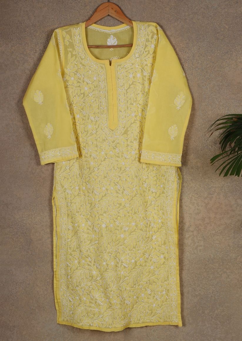Firgun Beige Lucknowi Chikankari Cotton Kurta with Front Jaal