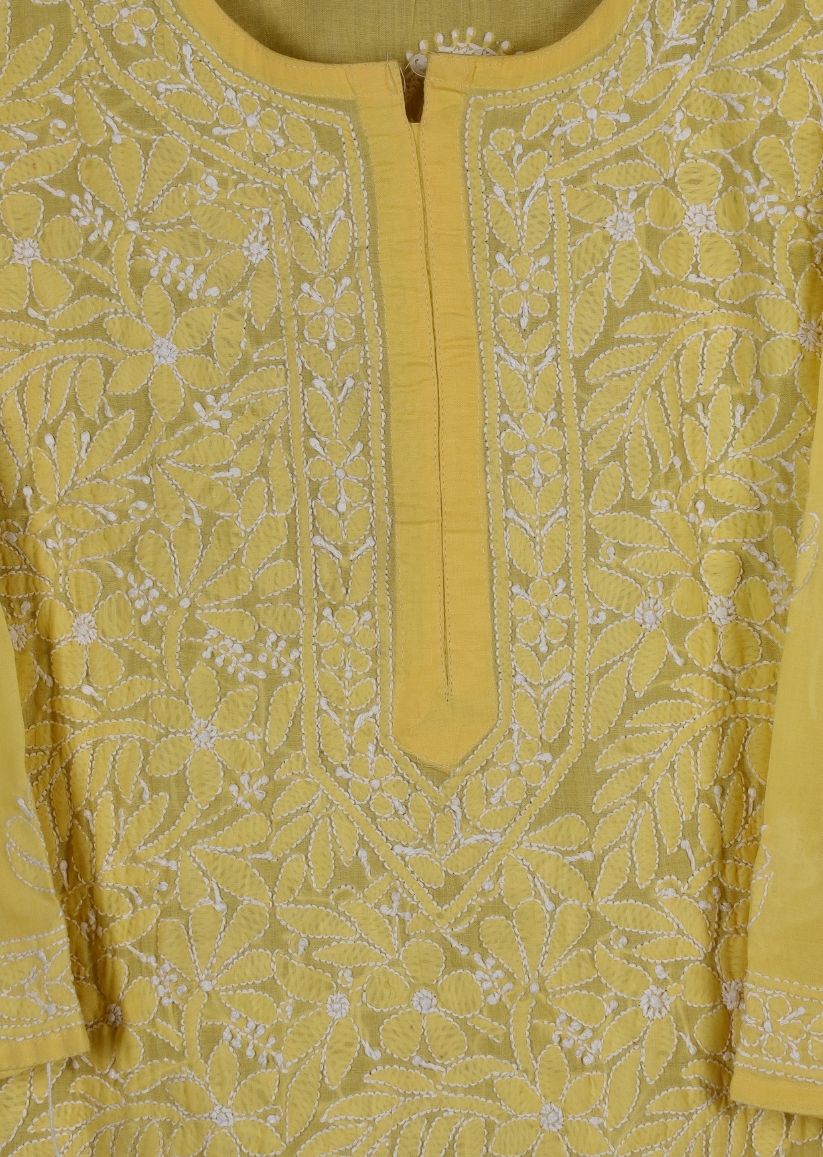 Firgun Beige Lucknowi Chikankari Cotton Kurta with Front Jaal